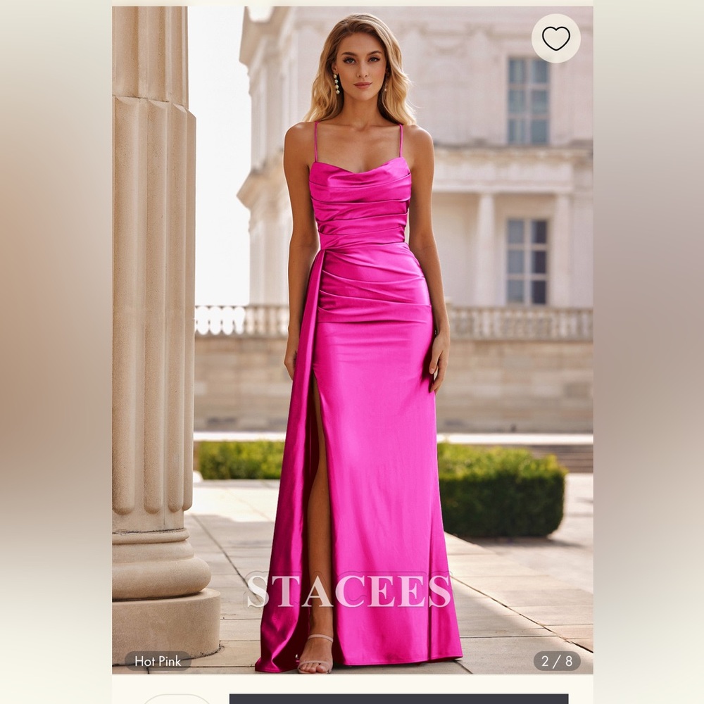 StaceeS Hot Pink Satin Prom Dress with Side Slit